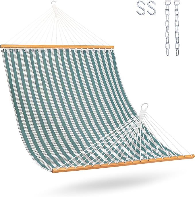 Lazy Daze Hammocks Quick Dry Hammock with Spreader Bar Textliene Fabric Double 2 Person Hammock with Chains Outdoor Patio Poolside Backyard Beach 450 lbs Capacity, Green Stripes by LazyDazeHammocks