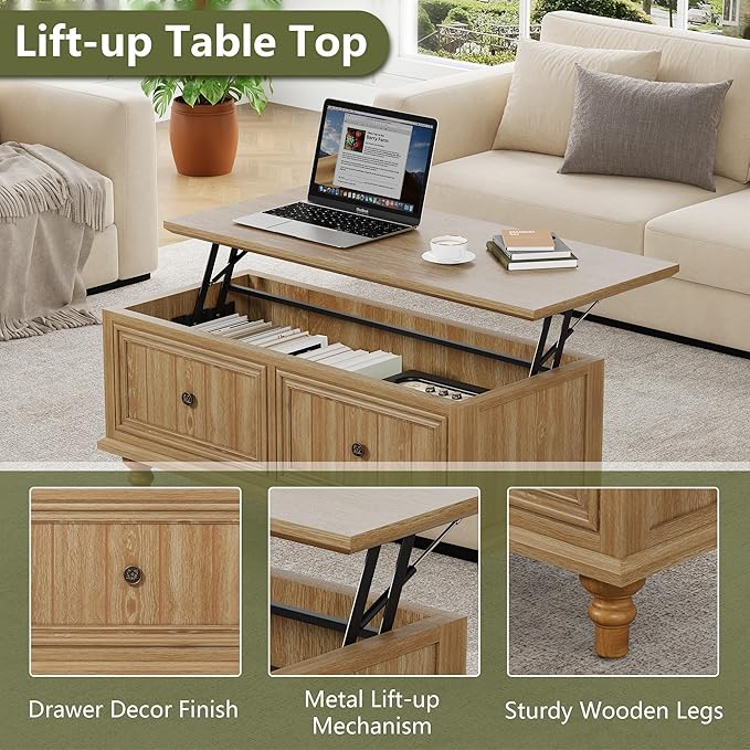 39" Lift Top Coffee Table, Wood Center Table with Storage, Retro Coffee Tables Rectangular Dining Table for Living Room Home Office Small Space (Natural)