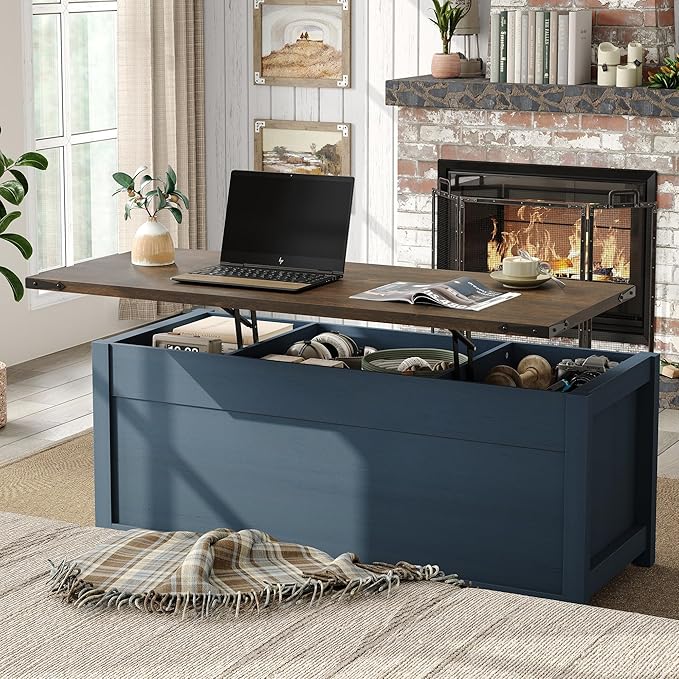 Lift Top Coffee Table, 47.3'' Farmhouse Coffee Table with Large Hidden Storage Compartment & Sliding Barn Doors, Wood Modern Rectangle Table for Home, Office, Blue