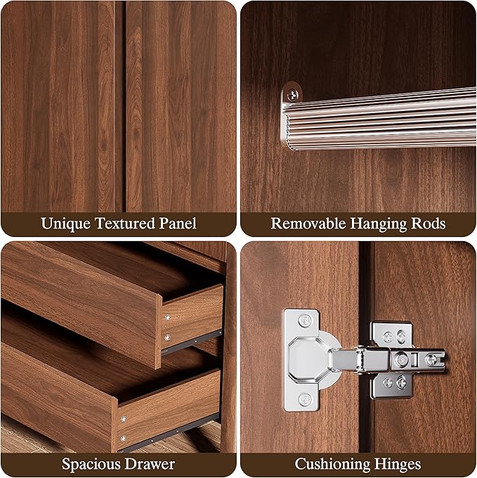 Furniway Armoire Wardrobe Closet, 70.9" Tall Wardrobe Cabinet with 2 Doors, 2 Large Drawers and Hanging Rod, Wooden Clothing Storage Cabinet for Bedroom, Cloak Room, Walnut