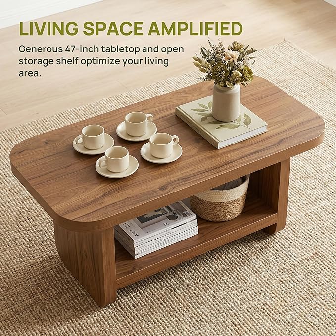 LITTLE TREE Wooden Coffee Table, 47.2" Center Table with Storage, Modern Farmhouse Rectangle Living Room Tables with Rounded Corners for Living Room, Bedroom, Kids Room, Home Office, Brown