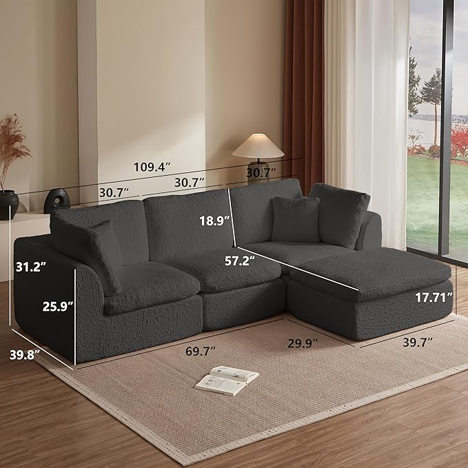 110" Cloud Sectional Couches for Living Room, Convertible L Shape Boneless Couch Chenille Fabric with Ottoman, 3 Seater Modular Sectional Sofa No Assembly Required, Gray