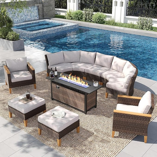 PHI VILLA Half-Moon Patio Furniture Set with 56" Fire Pit Table, Wicker Outdoor Curved Sectional Sofa with Cushions, Ottomans, Single Seats, Large Conversation Seating for Garden or Backyard, Beige