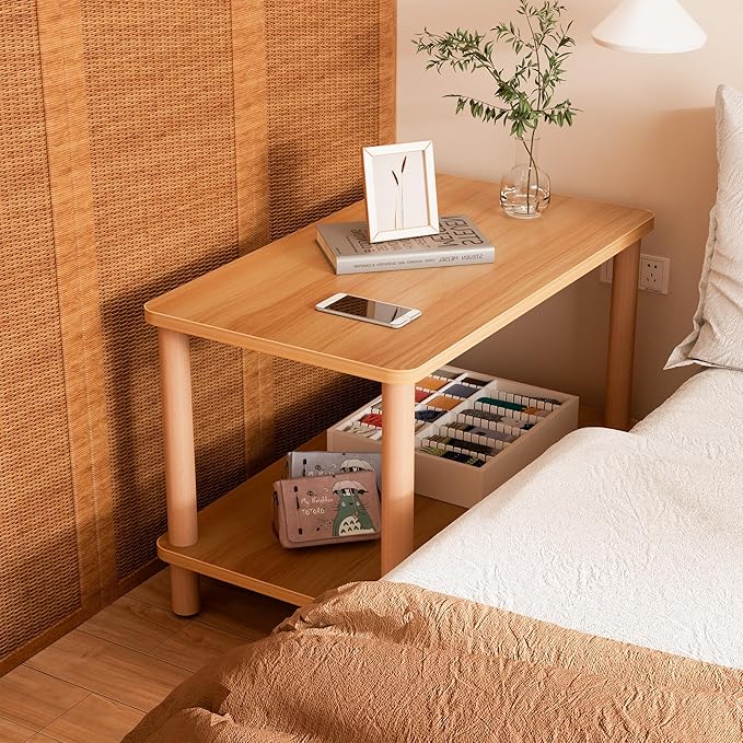 2 Tier Coffee Table Low Table with Solid Wood Legs, Japanese Coffee Table for living Room, Side Table Sofa Table, Floor Table Desk for Sitting on The Floor, Storage Shelf Furniture for Office, Natural