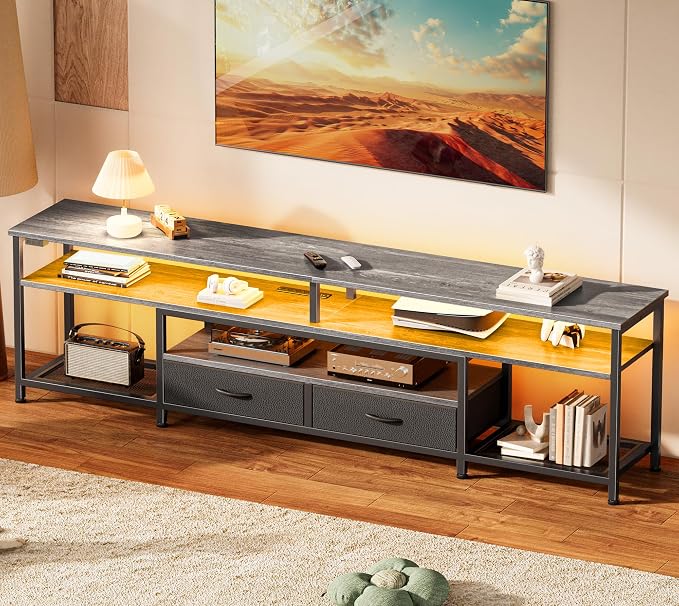 Huuger TV Stand for 75 80 Inch TV, Entertainment Center with Power Outlets and LED Lights, 70.9 Inch TV Console for Living Room, Media Console with Drawers and Shelves, Grey by Huuger