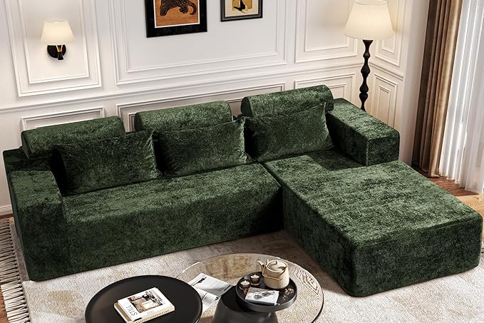 Homguava Modular Sectional Couches for Living Room,105" Cloud Couch with L-Shape Chaise,Comfy Sofa Living Room Couch with Deep Seat,No Assembly L Couch,Luxury Distressed Velvet(Green,R)