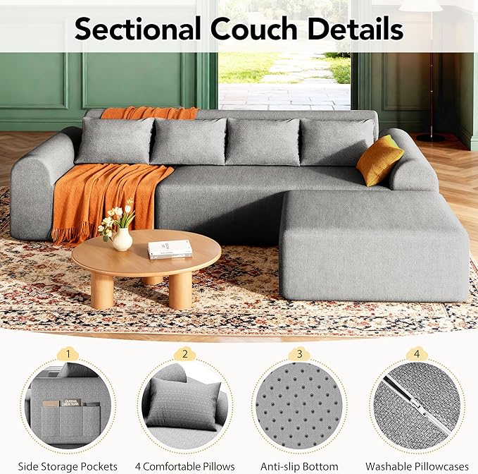 Rengue 105.5" Cloud Boneless Sectional Sofa for Living Room, 4-Seater L-Shaped Comfy Couch with Ottoman, 4 Pillows, Deep Seat Chenille Sofa, No Assembly Required (Light Grey) 72h to Restore