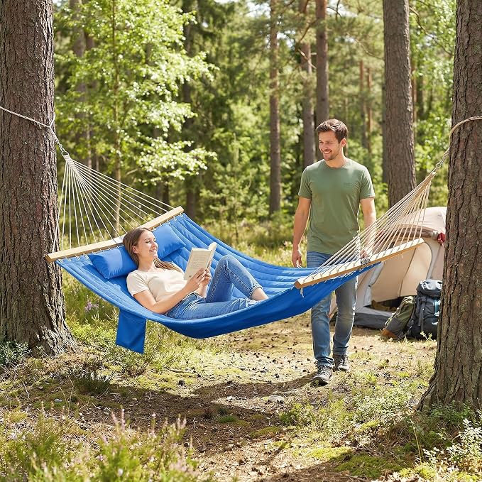 Outsunny Outdoor Hammock, 2-Person Hammock with Head Pillow and Pad, Wood Spreader Bars, 440 lbs Capacity, for Patio Yard Garden, 128" x 55", Navy Blue - Image 8