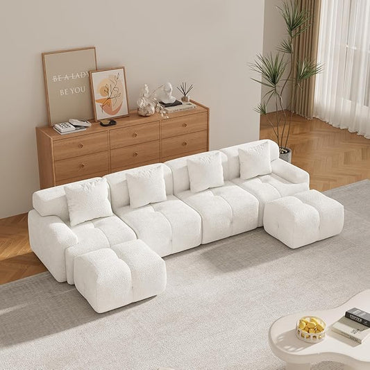135" U-Shaped Compressed Sectional Cloud Sofa, Flannel Upholstered Modular Tufted Sofa with 6 Pieces, Symmetrical Boneless Foam Modular Cloud Couches for Living Room