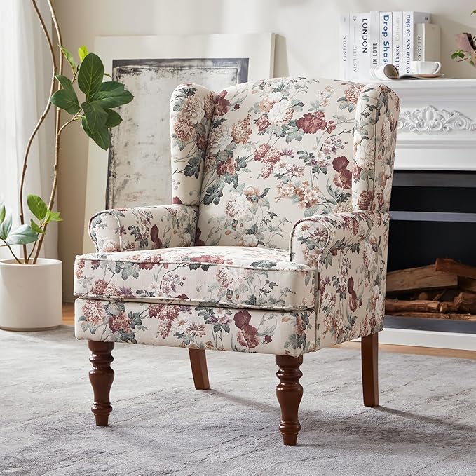 HUIMO Printed Wingback Accent Chair, Linen Upholstered High Back Armchair, Comfy Reading Chair for Living Room Bedroom Study, 300lbs Weight Capacity (1, Red Floral)