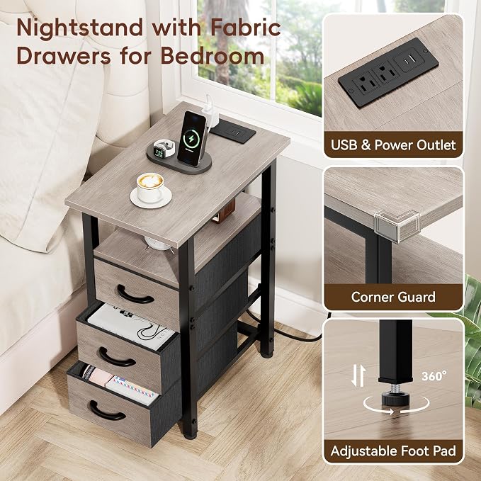 Vagusicc Nightstand with Charging Station and LED Lights, Narrow End Table, LED Night Stand with 3 Fabric Drawers for Bedroom, Small Side Table for Small Spaces, Greige - Image 5