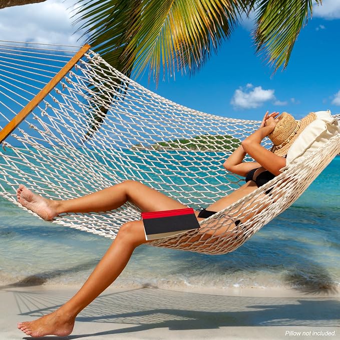 GAFETE 12ft Double Hammocks for Outside, Handwoven Traditional Cotton Rope 2 Person Hammock with Hardwood Spreader Bar, Chains & Hooks for Indoor Outdoor, Max 450 lbs Capacity (Natural Beige, Medium) - Image 2