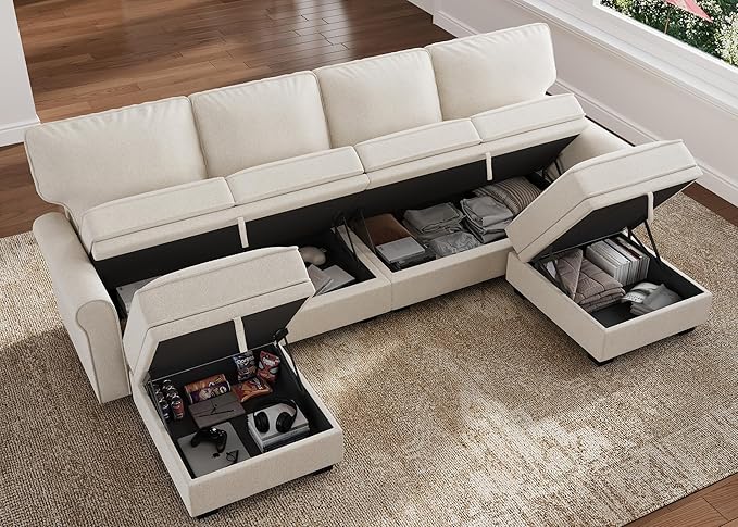 HONBAY Convertible Sectional Sofa with Storage U Shaped Sectional Couch with Reversible Chaise Small Sectional Couches for Living Room,Beige