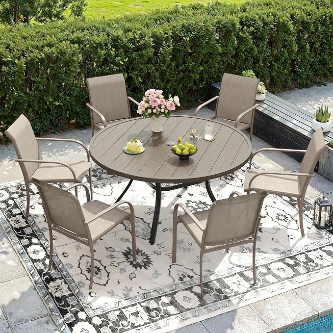 DIFY 7 Pieces Outdoor Patio Dining Set for 6, 47.2" Grey Wood-Like Round Metal Dining Table and 6 Sandshell Stackable Textilene Patio Chairs, Outdoor Table and Chairs for Backyard Garden Poolside by DIFY