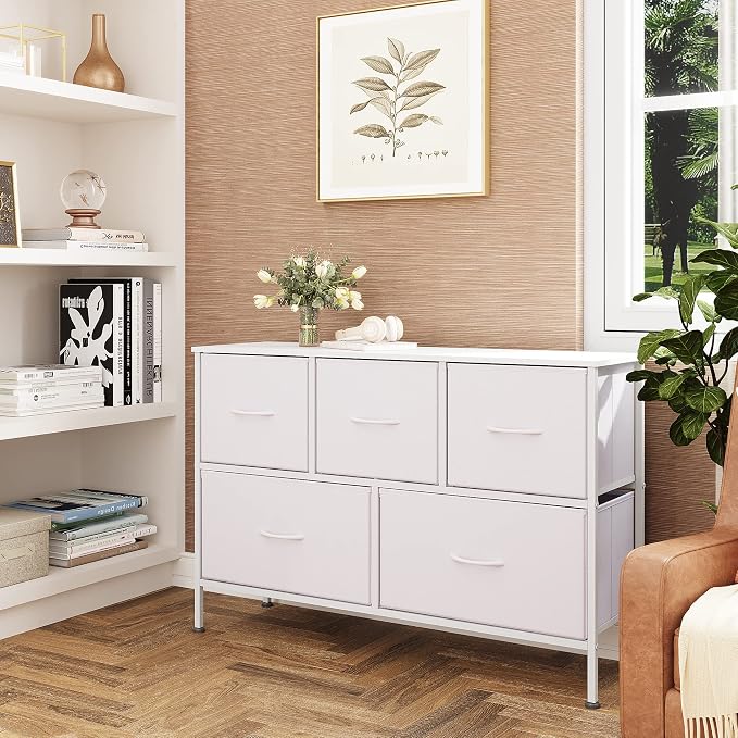 WLIVE White Dresser for Bedroom with 5 Drawers, Chest of Drawers, Fabric Small Dresser with Drawer Organizers, Storage Organizer Unit for Hallway, Entryway, Closets - Image 4