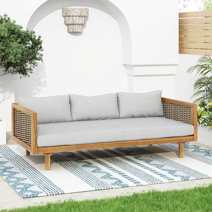 Christopher Knight Home Claremont Patio Sofa and Coffee Table Set, 2 Piece Wicker Patio Furniture Set, Acacia Wood 3 Seater Outdoor Sofa Daybed and Coffee Table Set, Teak+Light Grey