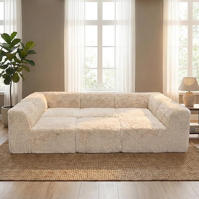 Furniture of America Havyn Modern Faux Fur 6-Seater Modular Foam Sofa Bed with Ottoman, Compressed Couch in a Box, No Assembly Required, for Living Room and Office, Sand