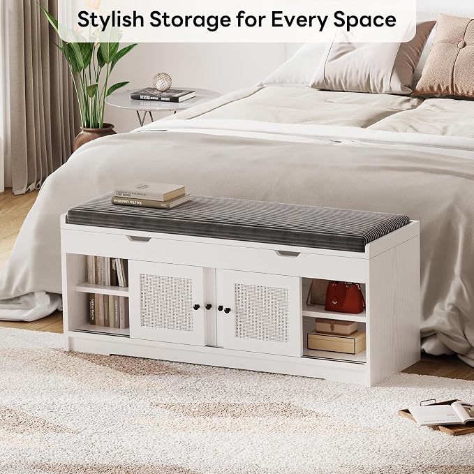 LIKIMIO 47.2" Shoe Bench with Lift Top Storage, Entryway Bench with Cushioned Seat, 2-Tier Rattan Shoe Cabinet with Adjustable Shelf, Storage Bench for Bedroom, Living Room, Hallway, White - Image 5