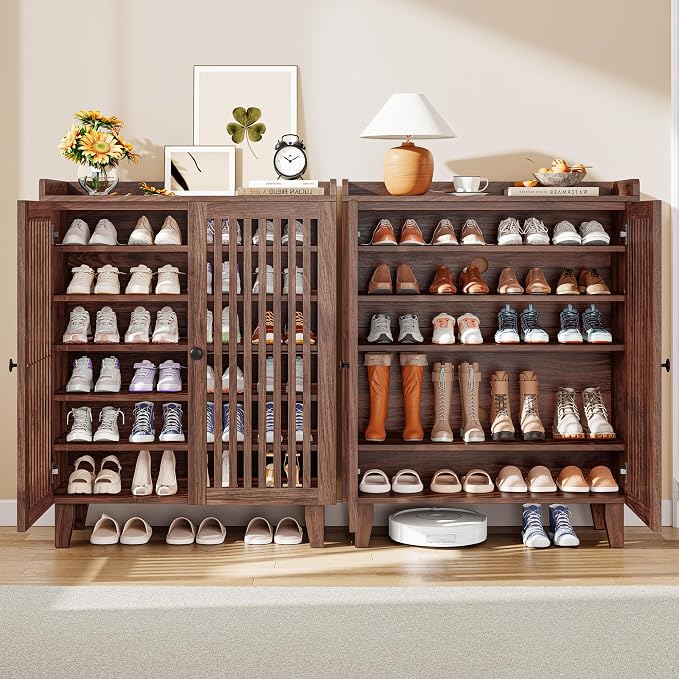 IRONCK Shoe Cabinet with Slatted Doors, 6-Tier Shoe Storage Cabinet with Adjustable Shelves, Wooden Shoe Rack Organizer for Entryway, Hallway, Closet, Living Room, Walnut - Image 5