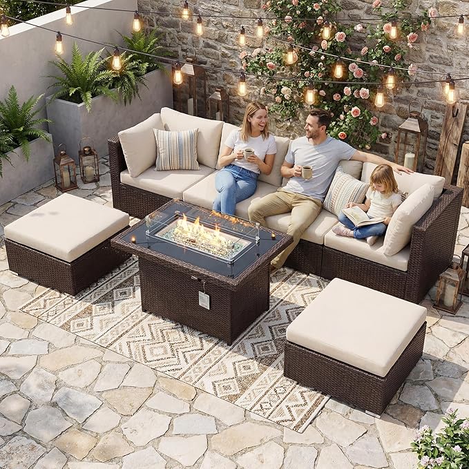 BULEXYARD 7 Piece Highback Patio Furniture Set with Fire Pit Table, Modern Modular Outdoor Sectional Couch Sofa with Ottoman, 6-Person Backyard Seating for Outside, Deck, Brown Wicker & Beige Cushion