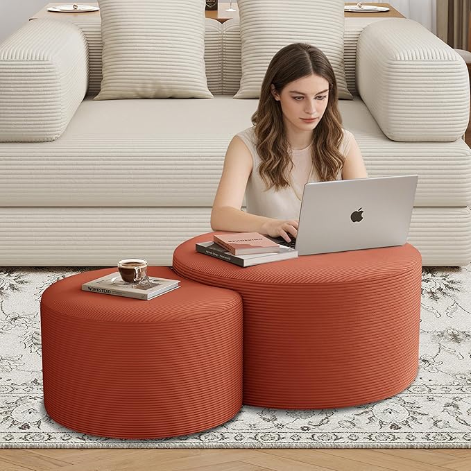 Nesting Coffee Table Set of 2, Upholstered Round Corduroy Circle Foam Round Side Table for Living Room, Entryway Set, 32"+17" Footrest No Assembly (Orange, 32"+17")