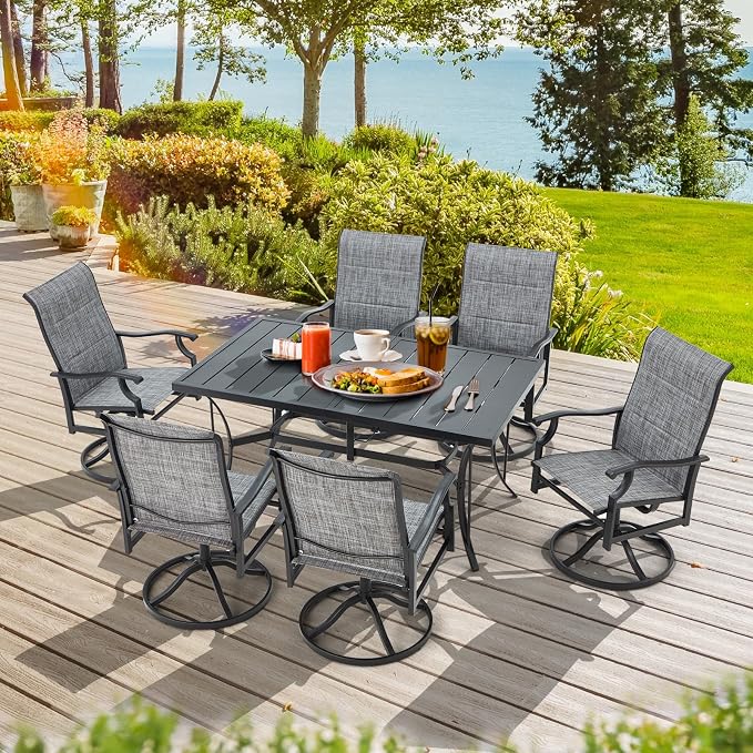 BUPPLEE Patio Dining Set for 6, 6 Piece Patio Swivel Chairs with 1 Piece Large Mental Rectangular Dining Table for Backyard Front Porch Pool Deck,Gray - Image 9