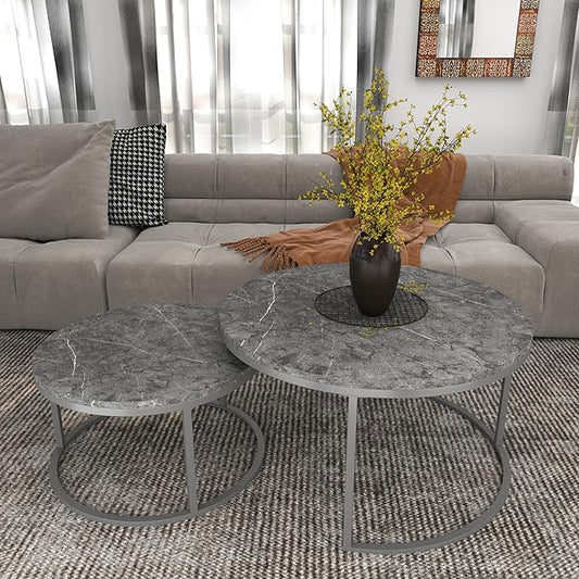 Nesting Coffee Table Set of 2, 31.5" Round Coffee Table Wooden Marble Pattern Accent Furniture, Industrial End Table for Living Room Bedroom Balcony (Gray/Gray)