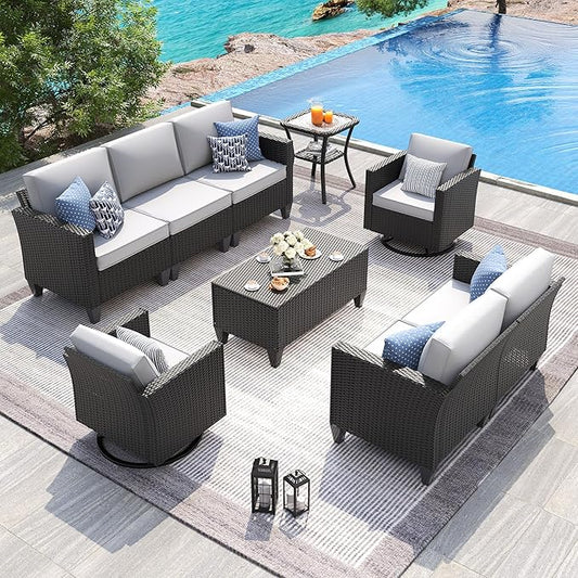 UDPATIO Patio Furniture Set, 6 Pieces Outdoor Furniture Sets with Rocking Swivel Chairs, Wicker Rattan Outdoor Conversation Set with Storage Table and Waterproof Covers for Backyard, Light Grey