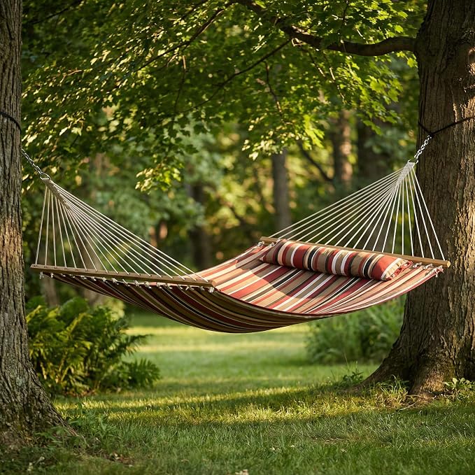 Sunnydaze Quilted Double Hammock for Outside with Spreader Bars and Pillow - 450 lb Capacity, 74x55 Inch Bed, UV Resistant, Quick Dry - Chains Included, Stand Sold Separately - Awning Stripe - Image 8