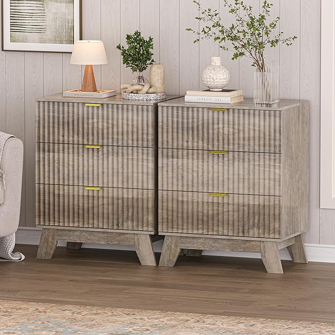 Nightstand Set of 2 with 3 Large Drawers,24" Wide End Table with Curved Metal Handles,Fluted Wood Small Dresser,Bedside Table,Modern Chest of Drawers for Bedroom,Living Room, Grey by Thacuok