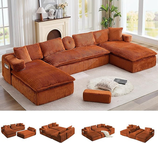 149" Oversized U Shaped Cloud Modular Sectional Sofa Boneless Couch with Double Chaise,Free Combination Convertible Floor Sofa Bed with Storage Pockets and Pillows | No Assembly