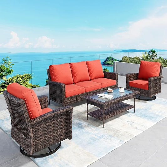 Patio Furniture Set with Swivel Chairs, High Back Wicker Rattan Furniture with 5.5" Thick Cushions and Coffee Table, Outdoor Conversation Set for Backyard Deck, 5 Seats, Red