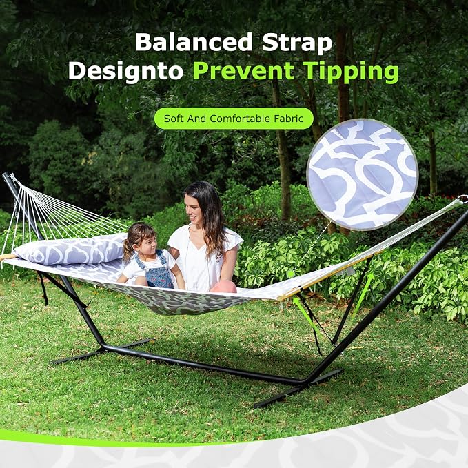 ANAGOO Double Hammock with Stand, Heavy Duty Outdoor Hammock for Two, 500 LBS Capacity, Stable Steel Frame with Balance Strap, Easy Tool-Free Assembly for Patio, Garden, Backyard & Beach,White Grey - Image 3