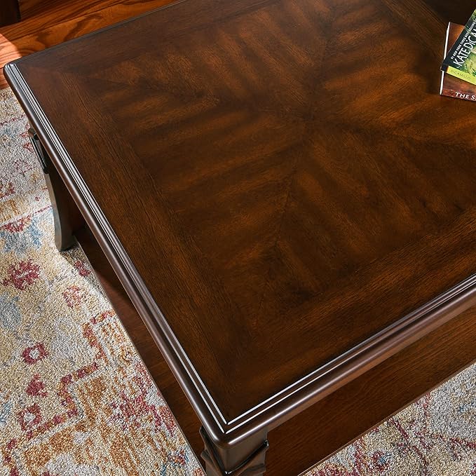Living Room Tables Set of 3- One Coffee Table and Two End Table with Carved Tabletop and Leg, Mid-Century Sofa Beside Table and Center Table with Carved Legs, Easy Assembly, Cherry Brown KFZ-CJZ-DR200