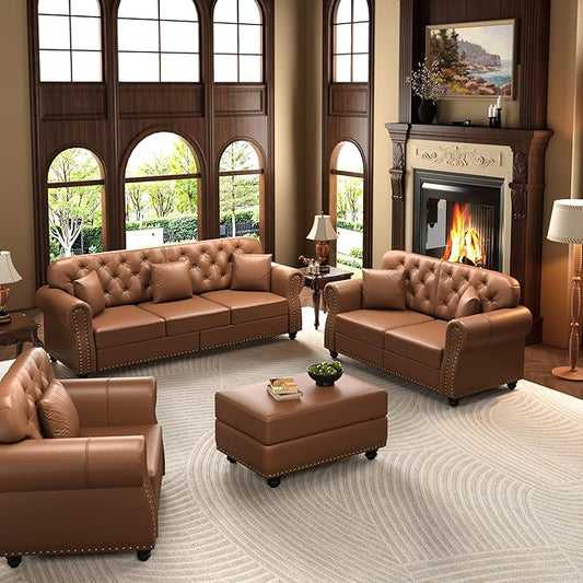 KEIKI 3-Piece Chesterfield Sofa Set with 1 Faux Leather 3-Seater Sofa & 1 Loveseat & 1 Single Sofa, 6-Seater Couch Set with Nailhead Trim & Rolled Arms & 1 Ottoman & 6 Pillow, for Living Room, Brown