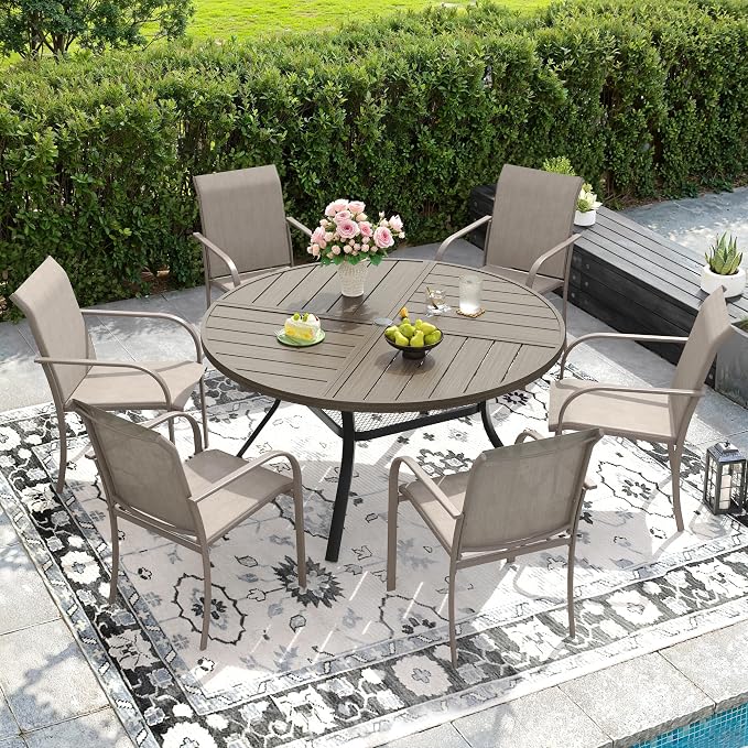 DIFY Patio Dining Set for 6, 7 Piece Outdoor Table and Chairs Set, 47.2" Grey Wood-Like Round Metal Patio Dining Table and 6 Sandshell Textilene Stackable Patio Chairs, for Backyard Garden Poolside by DIFY