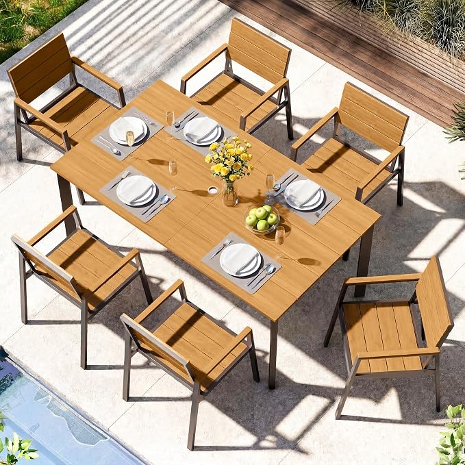 Outdoor Dining Set, Aluminum Patio HDPS Outdooor Table and Chairs Set with Umbrella Hole, All Weather Patio Furniture Set, Patio Dining Table Set,Gray & Teak,7 Pieces by ComfCove
