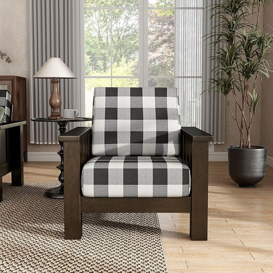 Furniture of America Gavik Modern Solid Wood Arm Chair with Plaid Removable Cushions, Black and White Upholstery Fabric, Comfortable Upholstered Seating for Living Room, Guest Room, Dark Walnut