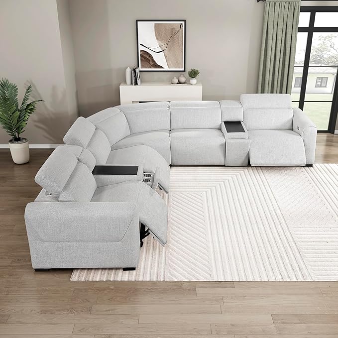 Lexicon Power Reclining Sectional Couches for Living Room-Modular Sectional Sofa, Wall Hugger, 3 Recliner Seats, 2 Console Cup Holders, Power Headrests, Charging Ports, 5 Seater Couch, Chenille Cloud