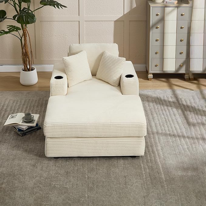 KEIKI Oversized Accent Chair with Ottoman, Chaise Lounge Chair Indoor with Cupholders, Oversized Sofa Bed, Deep Seat Sleeper Couch Reading Chairs for Living Room, Beige