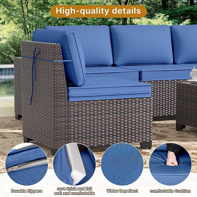 Gotland 12 Pieces Patio Furniture Set, Wicker Outdoor Sectional with Wide Armrests 29.5'' High Backrest 4'' Thick Waterproof Cushions, Oversized Patio Furniture for Deck Garden Navy