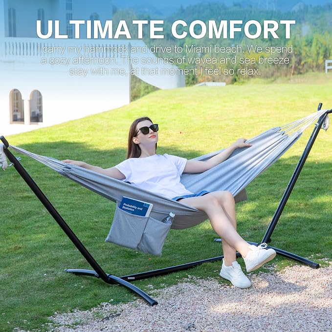 PNAEUT Double Hammocks with Stand for Outside, Portable Space Saving Heavy-Duty Steel Stand for Indoor Outdoor Patio with Carrying Bag, 450 lbs Capacity (Gray) - Image 2