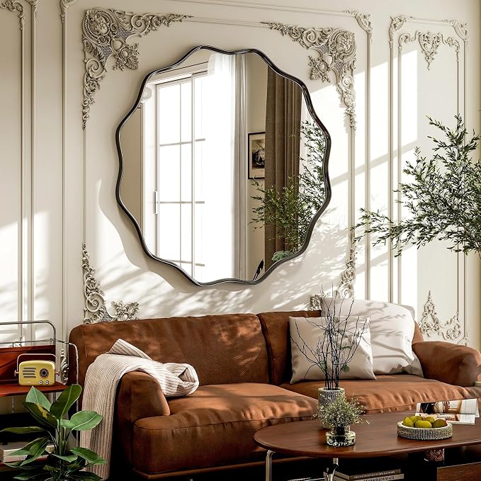 VooBang Black Scalloped Circle Mirror, 36" Wavy Edge Round Wall Mirror with Tempered Glass Textured Circular Metal Deep Frame, Hanging Leaning for Bathroom, Hallway, Entryway, Livng Room - Image 6