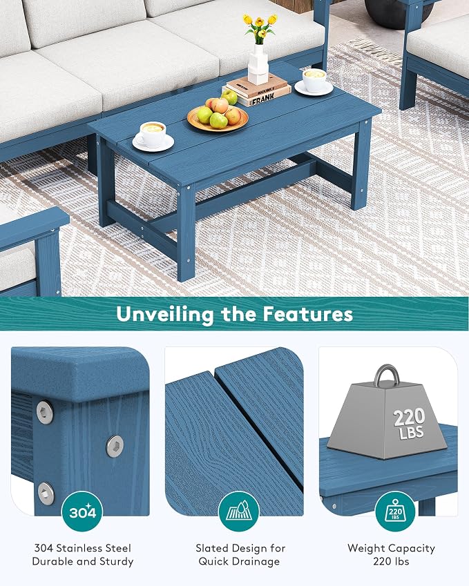 SERWALL HDPE Patio Coffee Table, Rectangle Outdoor Coffee Table, All-Weather Coffee Side Table for Balcony, Poolside, Deck, Garden, Blue - Image 5