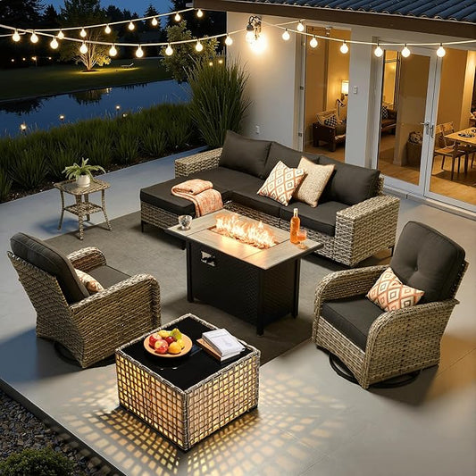 ovios 9-Piece Patio Furniture Set with L-Shape Sofa Chaise, Outdoor Sectional Couch Swivel Gliders Fire Pit Table Solar Table, Modern Modular Wicker Rattan Conversation Set, Black