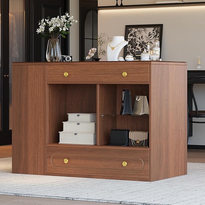 Merax Closet Island with 6 Drawers Wardrobe Armoire Bedroom Island with Glass Top and Open Shelves 47.3" Jewelry Storage Vanity Island with Compartments, Cloakroom Walk-in Closet Island (Walnut)