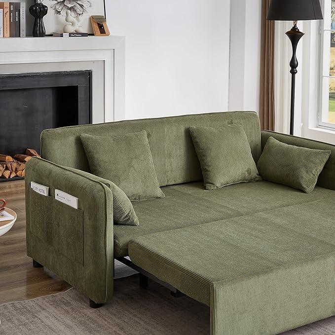 Ball & Cast 66" Convertible Sofa Bed,3-in-1 Corduroy Loveseat Sleeper Pull Out Couch Bed with Pillows and Side Pockets, Deep Seat Comfy Sofa Couches for Living Room,Apartment,Green