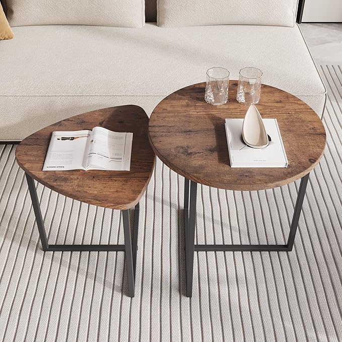 HOJINLINERO Round Coffee Table Set of 2 End Tables for Living Room,Black Small Coffee Table Living Room Table,Metal Frame & Wood,Sturdy and Easy Assembly,Stacking Side Tables Bedroom,Brown