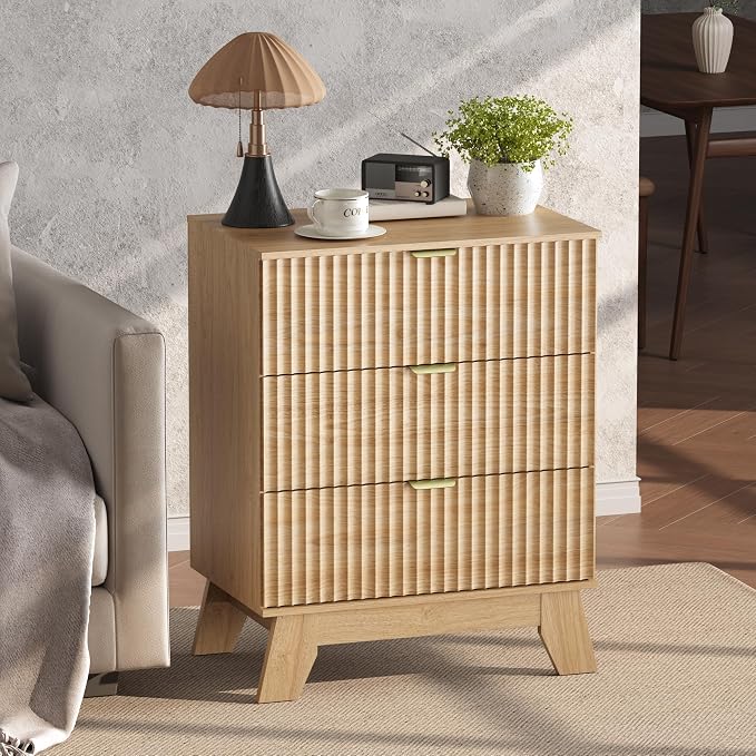 Wodeer Night Stand Set 2, Bedside Table & End Table, Mid Century Modern Fluted Wood Nightstand with 3 Drawers & Metal Handles, Farmhouse Nightstand for Bedroom, Natural Oak - Image 5