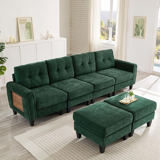 ERYE 115-Inch U-Shaped Modular Sectional Sofa Include 2 Ottomans and 4 Seat, Comfy Chenille Upholstered Tufted U Shaped Sectional Couch W/Coffee Table and USB-C Ports